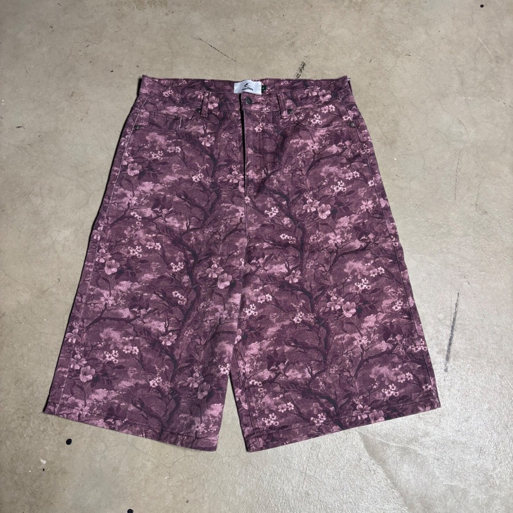 Scuffers Purple Floral Denim Shorts Mens Star Applique Streetwear Wide Leg